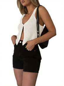 Women Crop Vest Tops Sleeveless Solid Color Casual Party Street Spring Fall Summer Waistcoat - Beige - View 2