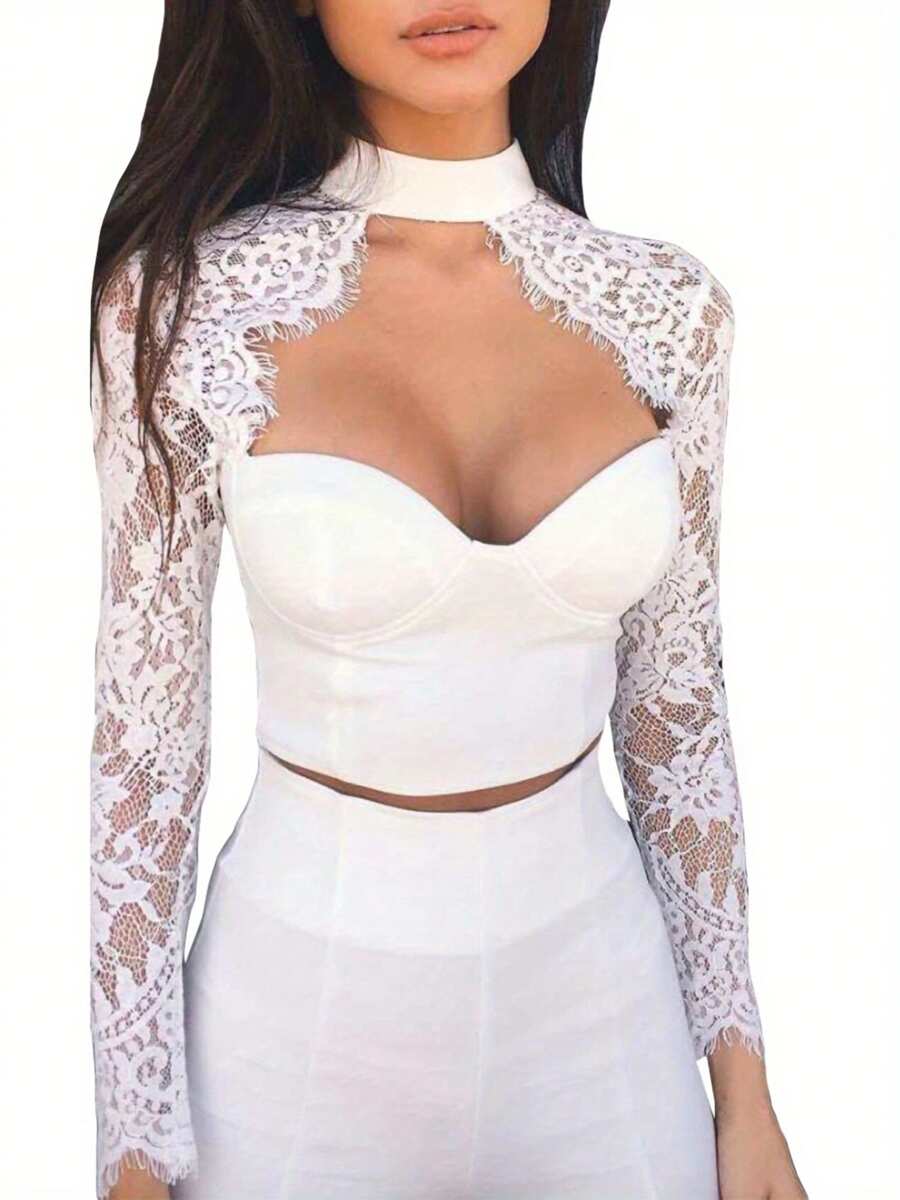 Women Sexy Lace Long Sleeve Crop Tops Push Up See-Through Elegant Corset Tops Ladies Summer Spring Low-Cut Back Zipper Slim Fit Blouses For Club Party - 白色 - 查看 1