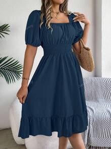 Vestido mini casual de vacaciones de primavera/verano para mujer con mangas abullonadas, cordón y estampado floral diminuto