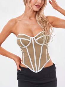 Womens Summer Fitted Corset Tube Tops Sleeveless Contrast Color Bandeau Tops - White - View 4