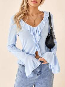 Women Long Sleeve Crop Tops Button Front Ruffle Cardigan Fitted Shirt For Club Streetwear Aesthetic Clothes - Light Blue - View 3