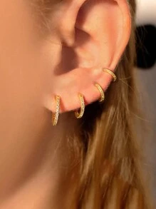 6pcs Fashionable Minimalist Copper Alloy Cubic Zirconia Gold Square Chunky Hoop Earrings Set, Women's Birthday, Holiday, Party Accessories, Match Daily Outfits - Silver - View 5