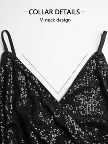 Combinaison de soirée pour femme à col en V avec bretelles spaghetti, avec sequins et mesh - Noir - Voir 7