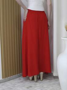 Steve Store Women's Fashion Viscose Fabric Skirt With Lining, Has Pocket And Slit On The Sides - vermelho liso - 查看 4