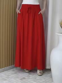 Steve Store Women's Fashion Viscose Fabric Skirt With Lining, Has Pocket And Slit On The Sides - vermelho liso - 查看 2