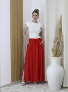 Steve Store Women's Fashion Viscose Fabric Skirt With Lining, Has Pocket And Slit On The Sides - vermelho liso - 查看 1