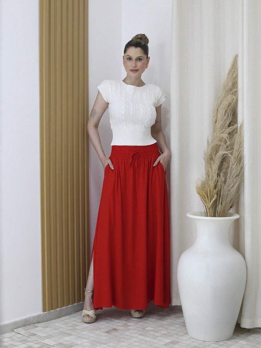 Steve Store Women's Fashion Viscose Fabric Skirt With Lining, Has Pocket And Slit On The Sides - vermelho liso - 查看 1