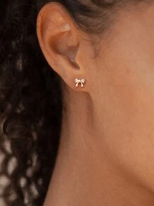 Bông tai đinh tán vàng cho nữ - Bông tai đinh tán hình nơ mạ vàng 14K cho nữ, bông tai đinh tán hình ruy băng nhỏ, bông tai hình nơ cho nữ, trang sức cho nữ - phong cách bốn - Xem 2