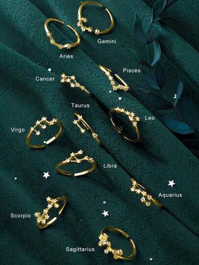 Esberry 1pc Twelve Zodiac Adjustable Ring For Women S925 Sterling Silver Fine Ladies Jewelry Gift