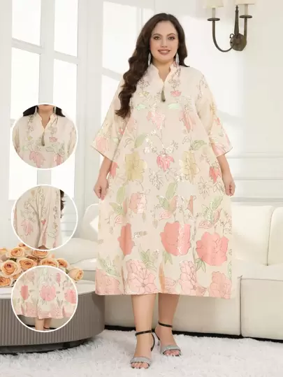 Ramadan Elegant Floral Embroidered Abaya Gown With Gold Sequins, Colorful Threads And Tassels, Sequins Decoration, Suitable For Eid Al Adha, Spring/Summer 2025