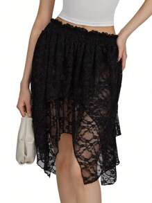 Minifaldas de verano para mujer, con dobladillo irregular y encaje floral, para uso diario, viajes y fiestas. - Negro - Ver 2