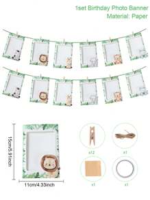 1 Set DIY Jungle Animal Style Paper Photo Card Set, Birthday Party Wall Hanging Decoration Photo Set, Cute Jungle Animal Pattern Birthday Party Commemorative Photo Display Photo Hanging Decoration Set, Party Background Decoration Supplies, Suitable For Displaying 4-Inch&6-Inch Photos, Hunting Themed Birthday, Birthday Party Room Wall Decoration, Photo Frame, Banner, Including Clip, Fine Hemp Rope, Double-Sided Tape