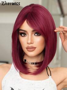 7JHH WIGS 16英寸紫红色齐肩直发假发，带侧刘海，耐热合成纤维波波头假发，适合日常佩戴、派对、角色扮演 - 中紫紅色 - 查看 5