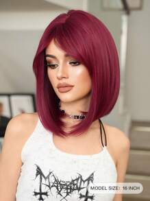 7JHH WIGS 16英寸紫红色齐肩直发假发，带侧刘海，耐热合成纤维波波头假发，适合日常佩戴、派对、角色扮演 - 中紫紅色 - 查看 4