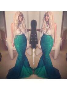 Womens Mermaid Tail Full Skirt Sequins High Waist Mesh Trumpet Hem Skirt Halloween Party Clothes - 綠色 - 查看 5