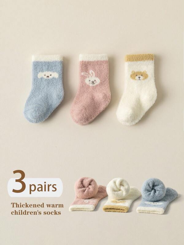 3 Pairs Baby Girls Cute Cartoon Rabbit Bear Dog Plush Floor Socks, Soft Comfortable Warm Breathable Socks, Autumn/Winter