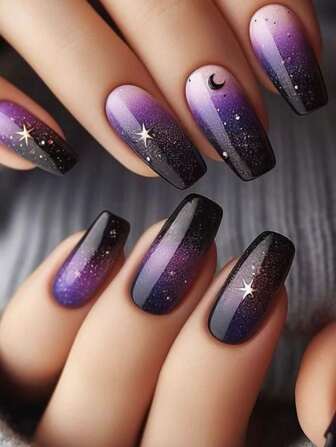 24 片优雅黑色底色，紫色渐变银河光泽饰面，中号假指甲，人造指甲贴片，按压式指甲，美甲用品，指甲