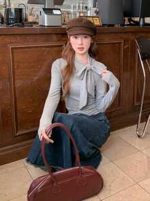 Camiseta básica de manga larga gris de corte ajustado, con decoración de lazo, estilo para ir a la oficina - Gris - Ver 7