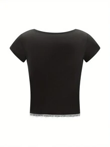 Camiseta corta con cuello en forma de corazón, manga corta, lazo frontal y recorte de encaje, estilo dulce y ceñida para mujer - Negro - Ver 4