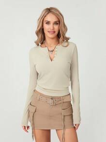 Womenacute;S Spring Autumn Knit T-Shirt Long Sleeve Solid Color Button Up Ribbed Tops