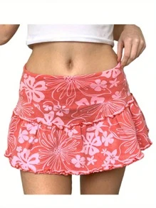 Women's A-Line Mini Skirt, High Waist Floral Print Frill Trim Above Knee Short Skirt - Rosa - Ver 8