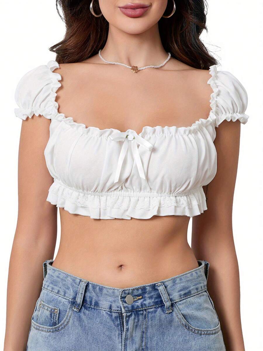 Women's Off Shoulder Tops Slim Frill Trim 3D Bow Backless Short Sleeve Crop Shirt For Party Club - trắng - Xem 1