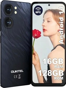 OUKITEL C58 手机无合约，16GB+128GB/1TB 可扩展，Android 14 廉价智能手机 4G，6.67 英寸 HD+ 90Hz 屏幕，5150mAh，13MP 摄像头，双 SIM 卡 3 插槽 Simlock 免费手机，NFC、GPS、Face ID（适用于欧盟版本） - 黑色 - 查看 2