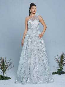 Mgiacy,New Arrival,One Shoulder,Sequin,Magnificent,Wedding Dress,3D Floral,Ruched,A-Line Dress,Bride - White - View 3