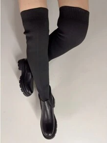 Round Toe Chunky Heel Tall Boots For Women, Autumn/Winter, Leather Upper, High Shaft, High Heel, Knit Splice Sock Shaft, Retro Riding Boots - Black Long - View 7