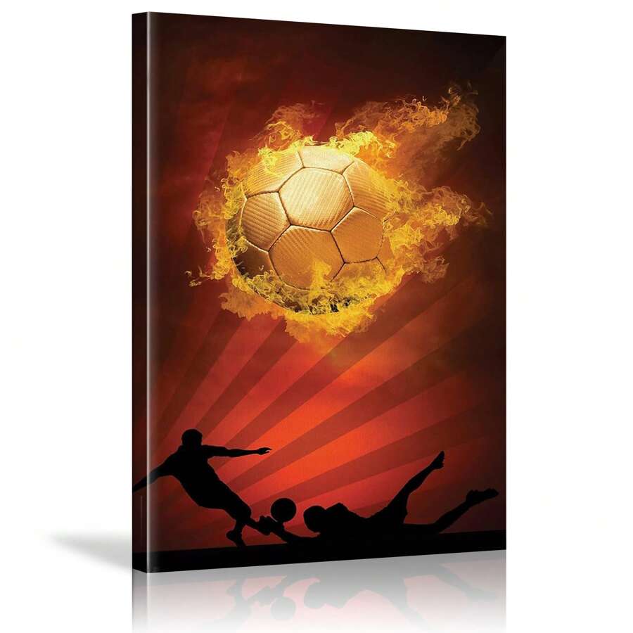 1pc Framed Blazing Golden Football Player Photography Canvas Art Print Poster, Realistic Contemporary Landscape City Super Suitable For Living Room, Bedroom, Hotel Apartment, Study, Children's Room, Stadium, Gym, Classroom, Home Office Wall Decoration Ready To Hang - Multicolor - View 1