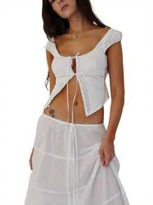Womens Tank Tops Solid Color Sleeveless Sling Design Front Button Tie Cardigan Tank Tops - Blanco - View 6