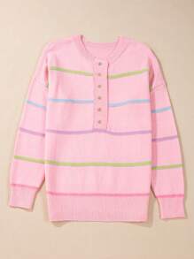 Acelitt Pink Rainbow Striped Off-Shoulder Loose Pullover Sweater - Pink - View 5