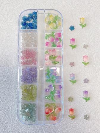 12格美甲饰品DIY多花朵配件装饰，郁金香美甲装饰，多色花朵立体美甲装饰，美甲饰品，美甲配件，美甲饰品美甲装饰，适用于美甲手工DIY美甲饰品夹装饰美甲用品美甲饰品美甲宝石