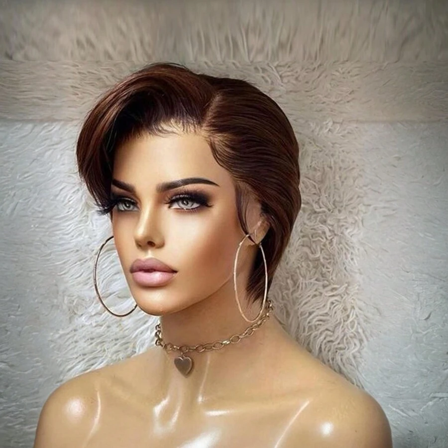 13*4*1 T-Part Lace Front Wig, Real Human Hair, Short Pixie Cut Wig, No Glue, Suitable For Daily Wear, Valentine's Day Party, Brown Short Wig With Side Bangs - Brown - View 1