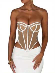 Womens Summer Fitted Corset Tube Tops Sleeveless Contrast Color Bandeau Tops - White - View 6