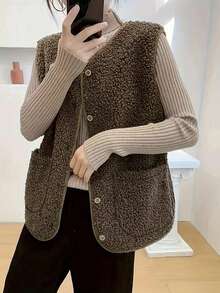 Women's Solid Color Sherpa Fleece Double Pocket Single Breasted Casual Vest Jacket, Autumn/Winter - Brown - View 2