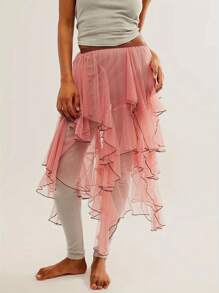 Women Sheer Tulle Skirt Casual Summer Irregular Layered Ruffled Elastic Skirt For Beach Vacation Club Streetwear - Pink - View 4