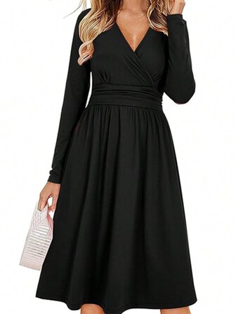 Knitted V-Neck Criss-Cross Waist Casual Long Sleeve Midi A-Line Dress