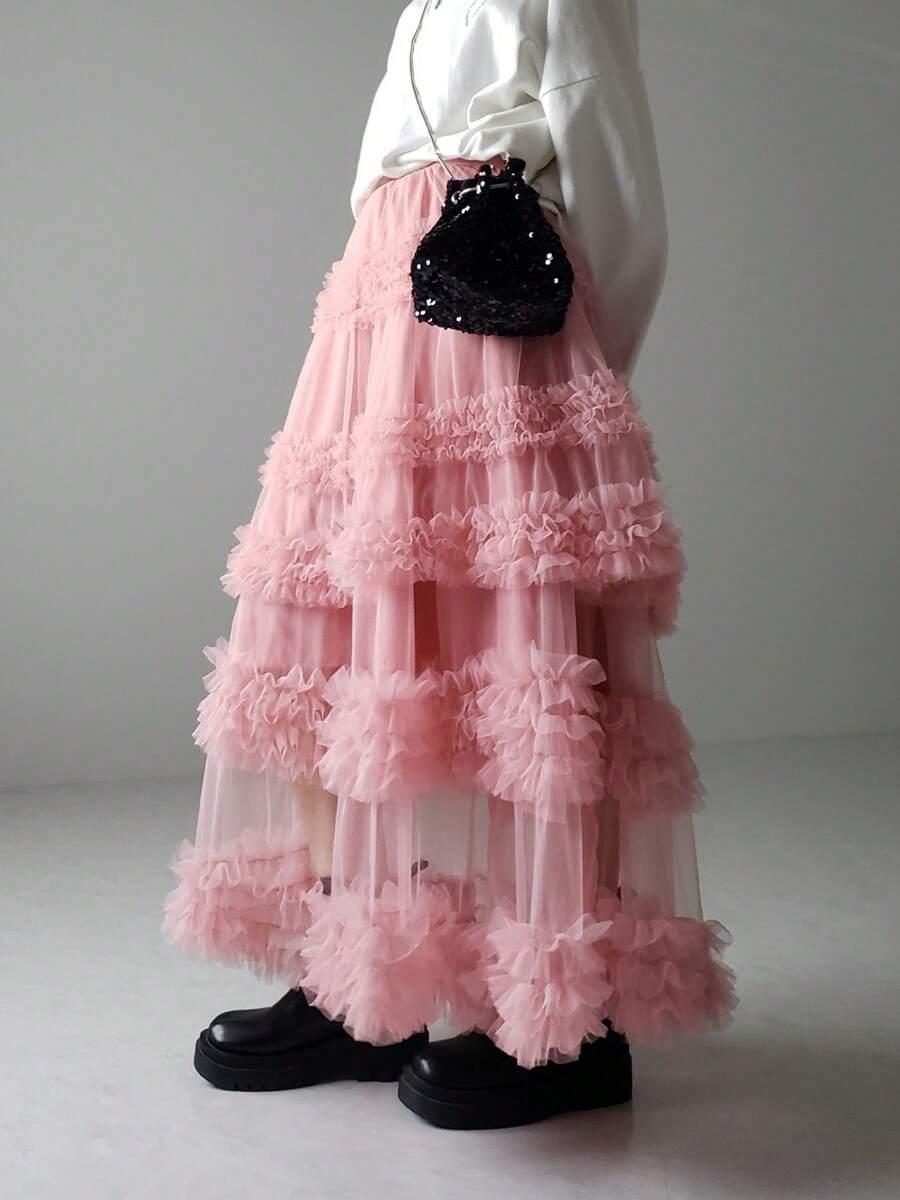 Women's Tulle A-Line Long Skirt High Waist Sheer Mesh Tiered Ruffled Skirt For Summer Spring For Beach Club Party - 藕色 - 查看 1