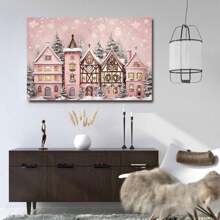 1pc Pink Sage Snow Scene Town Landscape Canvas Poster Vintage Wall Decor Canvas Wall Art Winter Art Print For Bedroom, Framed Ready To Hang