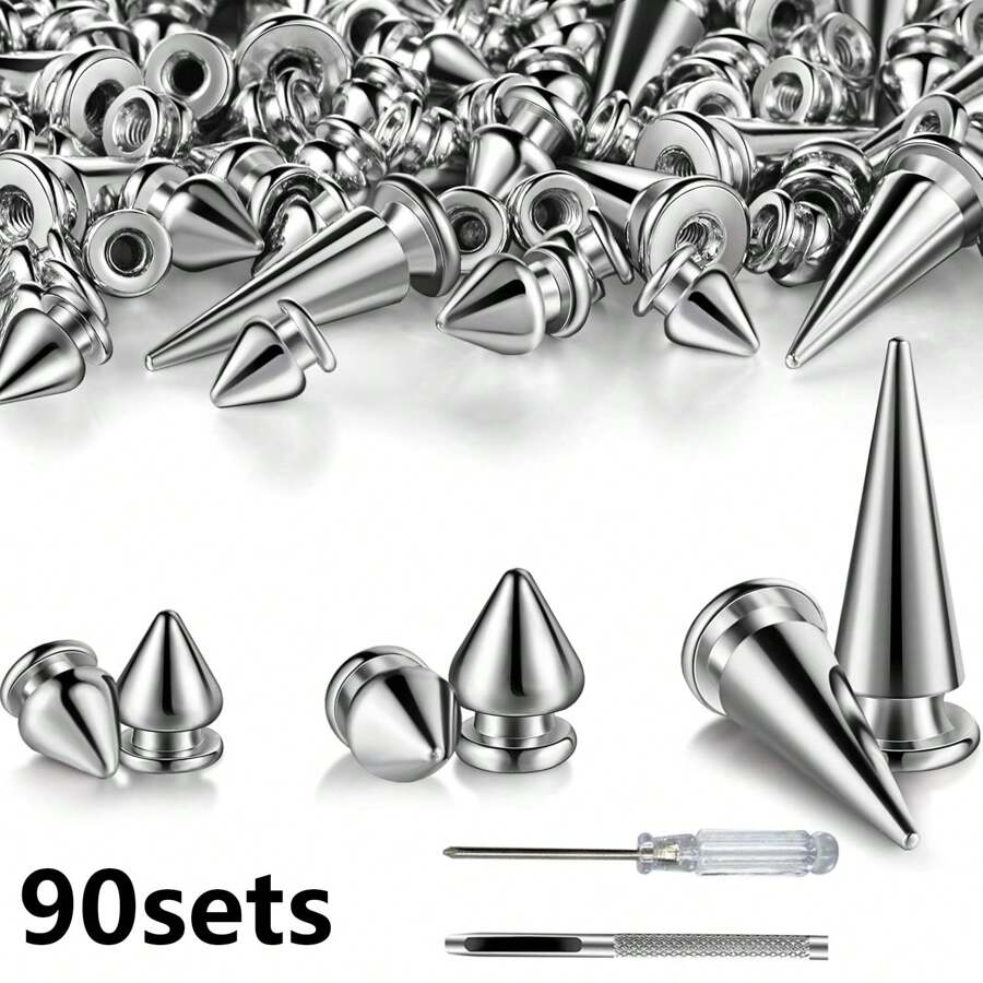 90sets Multiple Sizes Cone Spikes Screwback Studs Rivets Large Medium Small Metal Tree Spikes Studs For Punk Style Clothing Accessories DIY Craft Decoration (Silver) - Multicolor - View 1