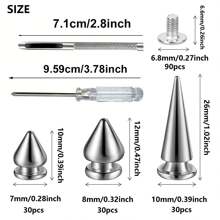 90sets Multiple Sizes Cone Spikes Screwback Studs Rivets Large Medium Small Metal Tree Spikes Studs For Punk Style Clothing Accessories DIY Craft Decoration (Silver) - Multicolor - View 2