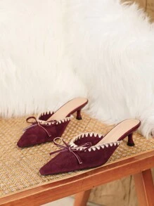 Spitzschuh Damen Schuhe mit Schleifen-Wildleder, wellenförmigem Design und Kitten-Absatz, offene Rückseite, Stiletto, modische Slip-On Sandalen, Valentinstag - Bordeaux - Übersicht 4
