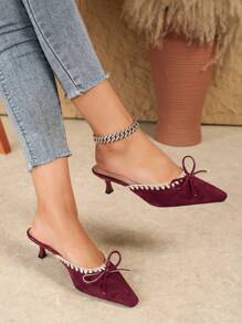 Spitzschuh Damen Schuhe mit Schleifen-Wildleder, wellenförmigem Design und Kitten-Absatz, offene Rückseite, Stiletto, modische Slip-On Sandalen, Valentinstag - Bordeaux - Übersicht 2