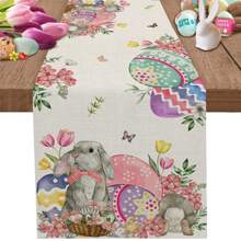Easter Bunny Eggs Tulip Flowers Table Runner Holiday Party Decor Reusable Farmhouse Kitchen Dining Table Runner Easter Decorations - Multicolor - View 1