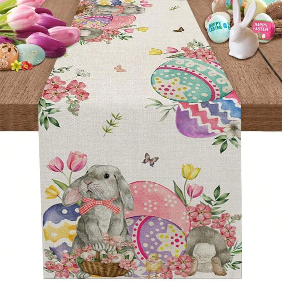Easter Bunny Eggs Tulip Flowers Table Runner Holiday Party Decor Reusable Farmhouse Kitchen Dining Table Runner Easter Decorations - Multicolor - View 1