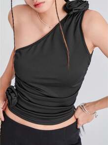 Women Solid Color Tank Tops Summer One Shoulder Sleeveless 3D Rosette Ruched Tops