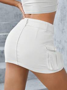 Women Mini Skirt Vintage Low Waist Cargo Skirt Summer Slim Fit Solid Color Skirt With Pockets - White - View 5