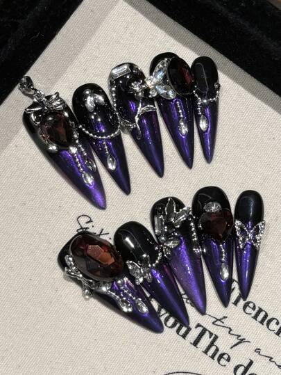 YADORNOS Y2K 10pcs Purple Cat Eye Love Butterfly Rose Handmade Press On Nails, Long Pointed Fake Nails, Heavy Duty Hot Girl Punk Love French Nail Tips, Valentine's Day Rhinestone Nails, Acrylic Nail Kit, DIY Nail Supplies, Reusable, With Jelly Glue And Nail File