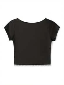 Camiseta corta con cuello en forma de corazón, manga corta, lazo frontal y recorte de encaje, estilo dulce y ceñida para mujer - Negro - Ver 5